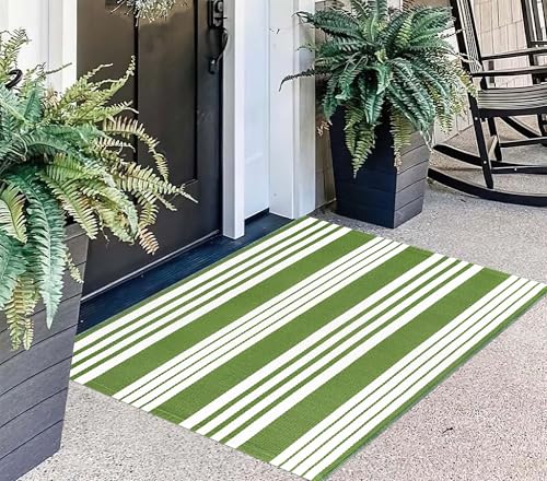 Green and White Striped Outdoor Rug 24'' x 35'' Door Mat Outdoor Machine Washable Welcome Mats Cotton Hand-Woven Entryway Rug for Front Porch/Entryway/Laundry/Bathroom/Bedroom - color: Green, size: 2' x 3' (Rectangular)