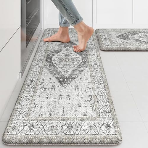 KIMODE Kitchen Rugs and Mats for Floor 2 Piece Cushioned Anti Fatigue Kitchen Mat Non-Skid Waterproof Kitchen Runner Rug Boho Laundry Room Rug for Kitchen Decor, Floors, Office, Desk, Grey Rug Set - color: Light Grey, size: 17.3" x 47 "+ 17.3" x 29 "--0.4