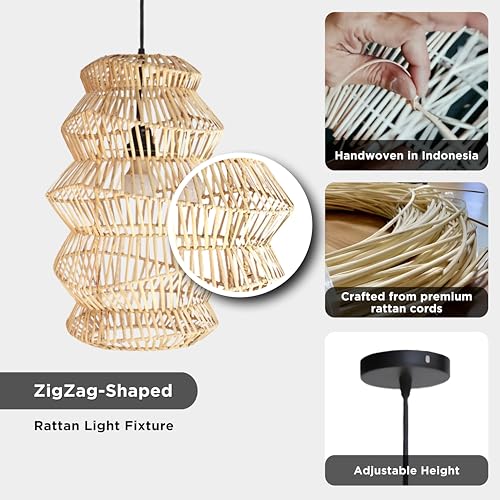 FOREVER BAMBOO Indonesian Hand-Woven Natural Rattan Pendant Light Fixture Circle Shape Woven Wicker Lampshade Chandelier Interior Decor, 15 in H x 15 in W - style: Java Circle