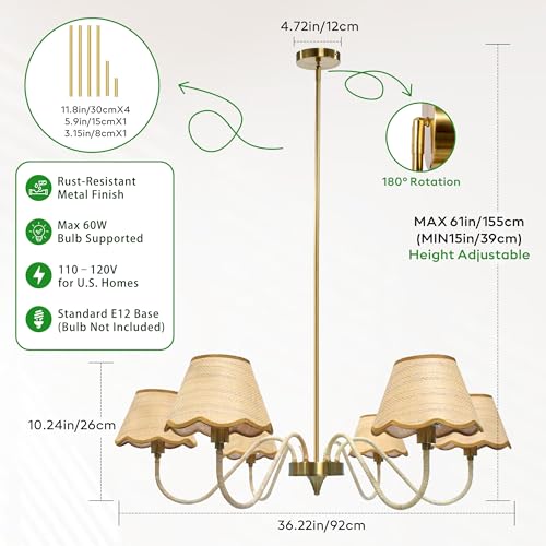 39" Boho Rattan Chandelier, 6-Light Rattan Pendant Light, Handwoven Natural Rattan, Rustic Industrial Adjustable Rattan Fixture for Dining Room, Kitchen Island & Living Room, E12 Socket - color: Curved Arm Design