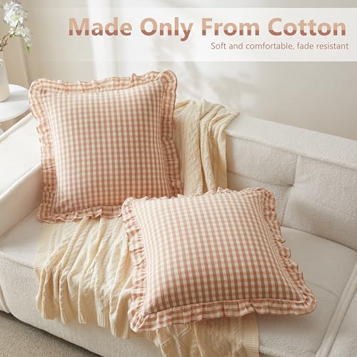 KKJIAF Ruffle Gingham Pillow Covers 18 x 18 Inches, Cotton Gingham Pillow Cases Set of 2, Linen Feel Ruffled Plaid Pillow Shams with Envelope Closure for Sofa Bed (Light Pink Plaid) - color: Light Pink Plaid, size: 18" x 18" (Pack of 2)