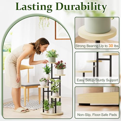 5 Tiers Black Plant Stand Indoor Tall Metal Wood Plant Shelf Outdoor Plant Stands Indoor Plant Table Rack Tiered Plant Stand Garden for Living Room Balcony Patio - RoundLight - color: BlackRoundLight, size: 5-tiers