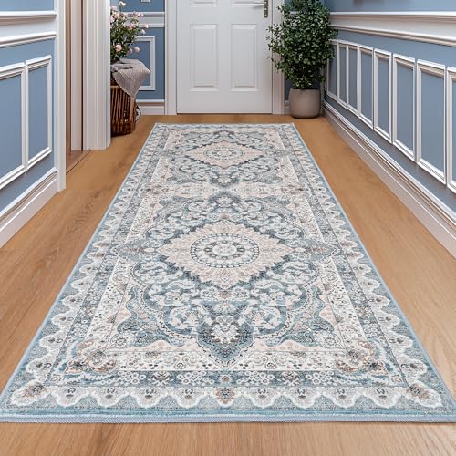 Foxmas Hallway Runner Rug, 2x6 Vintage Kitchen Runner Area Rugs Non Skid Washable, Low Pile Throw Rugs with Rubber Backing Carpet for Laundry Room Entryway Bedroom Home Decor, Blue - color: Blue, size: 2' X 6' (Runner)