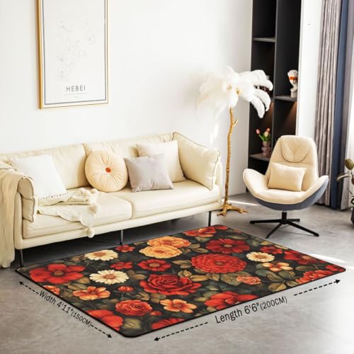 Erosebridal Retro Floral Area Rug 6'6" x 4'11" Black Dark Romantic Living Room Rugs Red Orange Peony Decorative Carpet Vintage Flowers Indoor Floor Mat - color: Black Red Yellow, size: 4'11" x 6'6" (Rectangular)