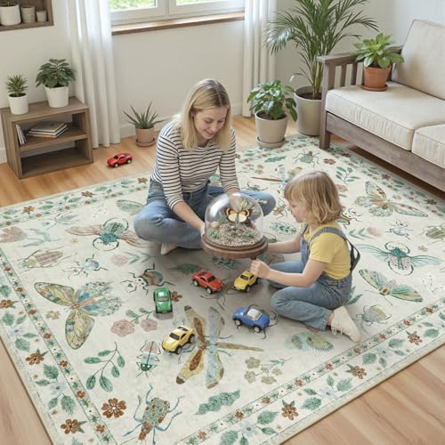 Beeiva Insect Print Washable Rugs 5x7 for Bedroom - Boho Living Room Rugs for Playroom Nursery, Soft Ultra-Thin Stain Resistant Large Accent Carpet for Office Dining Room Vintage Decor(5'x7',Beige) - color: Beige, size: 5' x 7' (Rectangular)