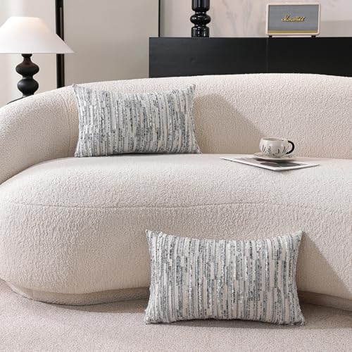 Striped Throw Pillow Covers 20x12 Set of 2 Gray Textured Boucle Chic Morden Boho Accent Farmhouse Decorative Chenille Pillow Covers for Home Decor Bed Sofa Living Room - color: Gray, size: 20" x 12" (Pack of 2)
