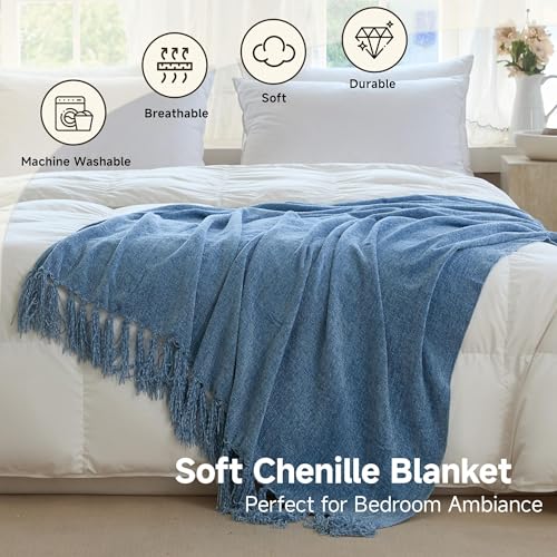 Simple&Opulence Soft Chenille Throw Blanket 50'' x 60'' - Cozy Fluffy Blanket with Fringe Tassel, Farmhouse Boho Blankets for Couch Bed Office Chair Gift Home Decor All Season Use, Blue - color: Blue