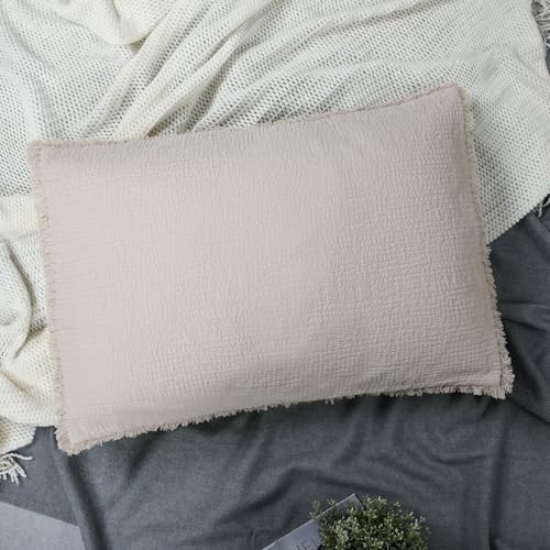 YINFUNG Quilted Pillow Shams Natural Beige Linen Standard Set of 2 Muslin Cotton Farmhouse Neutral Oatmeal Tassel Fringe Pillowcases Matelasse Boho Decorative Textured Gauze Soft 20×26 Light Brown - color: Linen, size: 26" x 20" (Pack of 2)