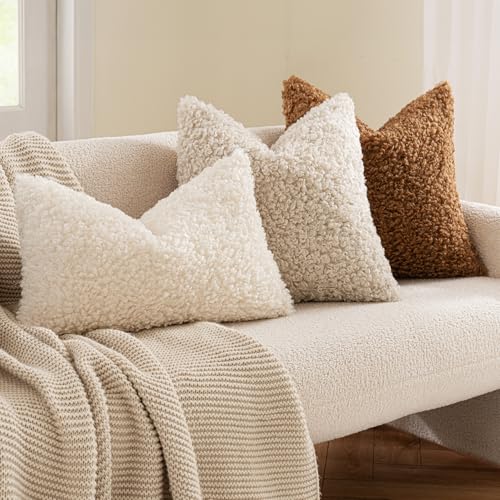 MIULEE Pack of 2 Faux Fur Throw Pillow Covers 16x16 Inch Neutral Light Beige Boucle Decorative Sherpa Pillow Covers Fuzzy Accent Soft Sheepskin Fleece for Boho Home Decor Couch Living Room Bed - color: Neutral Light Beige, size: 16" x 16" (Pack of 2)