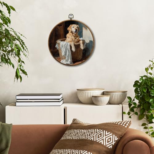 JUIOEIU Vintage Golden Retriever Laundry Room Round Wall Decor, Golden Retriever Gifts Framed Canvas Prints, Dog in Basket Wall Art Hanging Decorations for Washroom Laundry Room Decor, 10x10in - color: Laundry room10
