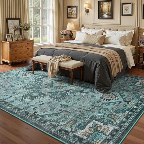 Foxmas 5x7 Area Rugs for Living Room Bedroom, Machine Washable Non-Slip Vintage Rug, Low Pile Throw Rugs with Rubber Backing Washable Carpet for Dining Room Kitchen Home Decor, Teal - color: Teal/Multi, size: 5' X 7' (Rectangular)