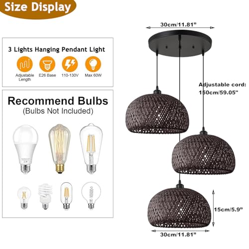 Black Bamboo 3 Light Fixtures Cluster Rattan Pendant Light Hand Woven Wicker Chandelier Boho Ceiling Hanging Light for Kitchen Stairway Hallway Dining Room Foyer - color: Black Bamboo, 3-Ligh