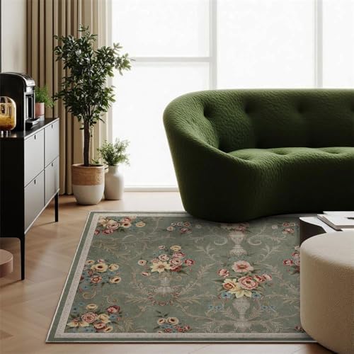 Helthep 5 * 7 Vintage Floral Area Rug, Washable Non-Slip Green, Soft Low Pile French Country Rug for Bedroom Living Room Dining Room, Pet Friendly Easy Care Rug - color: Green, size: 5' x 7' (Rectangular)