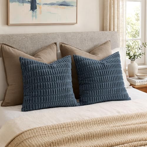 MIULEE Pack of 2 Corduroy Decorative Throw Pillow Covers 16x16 Inch Soft Boho Striped Pillow Covers Modern Farmhouse Home Decor for Summer Coastal Sofa Living Room Couch Bed Blue - color: Blue, size: 16" x 16" (Pack of 2)