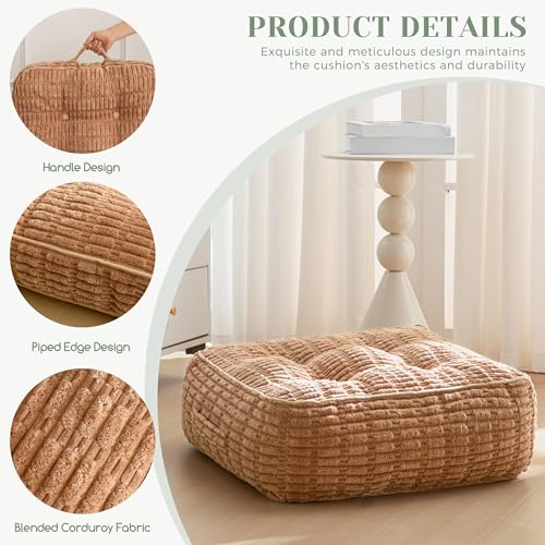 HIGOGOGO 8" Floor Pillow Cushion for Adults, Meditation Cushion Pillow, Blended Corduroy Cover, Large Square Floor Sitting for Tatami Living Room or Yoga, 22x22 Inch, Coffee - color: Square Coffee, size: 8" Thick(Pack of 1)