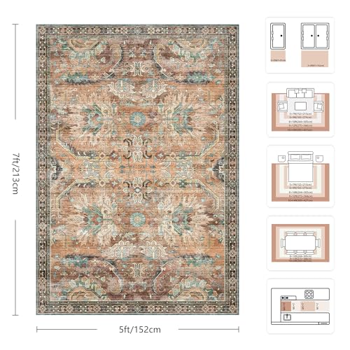 5x7 Area Rugs, Vintage Retro Soft Washable Rug, Non-Slip Low Pile Rugs for Living Room, Bedroom, Dining Room, Stain Resistant Home Decor Rug (Vintage Orange/Brick) - color: N-vintage Orange/Brick, size: 5x7