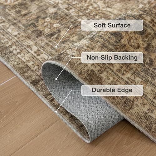 Fmfunctex 2x6 Runner Rug Brown Vintage Neutral Washable Distressed Non Slip Low Pile Indoor Carpet Soft Retro Floral Hallway Entryway Rug for Kitchen Living Room Bedroom Bathroom Laundry Entry Bedside - color: Brown, size: 2' x 6' (Rectangular)
