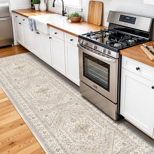 3x10 Runner Rug for Hallway Washable: Non Slip Kitchen Rugs with Rubber Backing Soft Waterproof Mats Stain Resistant Indoor Vintage Carpet Runner for Bedroom Bathroom Laundry Entryway Beige/Gray - color: Beige/Gray, size: 3' x 10' (Rectangular)
