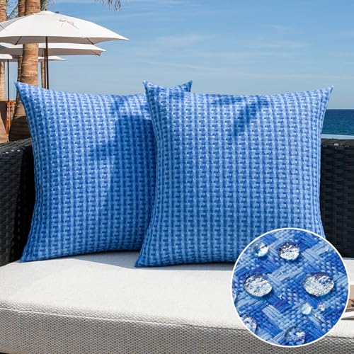 Kevin Textile Outdoor Waterproof Throw Pillow Covers Pack of 2 Weaving Texture Water Resistant Outside Decorative Cushion Covers for Garden Patio Tent Balcony Bench Couch Sofa 16x16 Inch, Blue - color: Blue, size: 16" x 16" (Pack of 2)