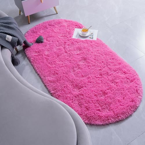 Goideal Fluffy Bedroom Rug, Small Oval Area Rugs, Hot Pink Shag Bedside Carpet for Kids Room Nursery Dorm Cute Fuzzy Indoor Decor for Boy and Girl, 2.6 x 5.3 Feet - color: Hot Pink