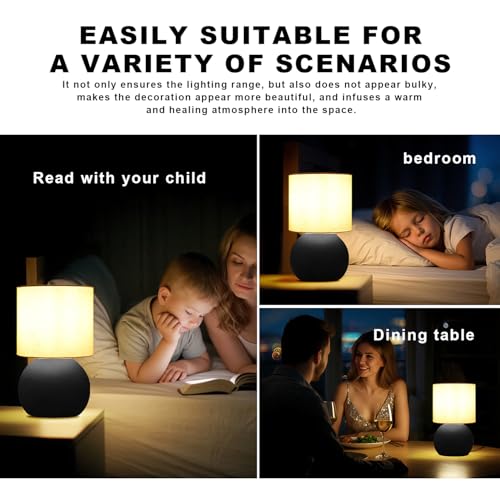 Modern Black Small Table Lamp with Cotton Linen Shade, 6.2×6.2×10.4 inch LED Desk Light, One-Button Switch for Bedroom, Living Room, Nightstand, Includes Warm Light Bulb - color: Black, size: Pack of 1