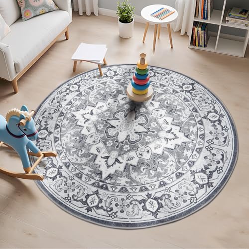 Lessymo 4FT Washable Round Area Rugs for Living Room, Non Slip Circle Rugs Low Pile Vintage Carpet for Bedroom, Dining Room, Nursery, Home Office, Grey Beige - color: Grey Beige, size: 4' (Round)