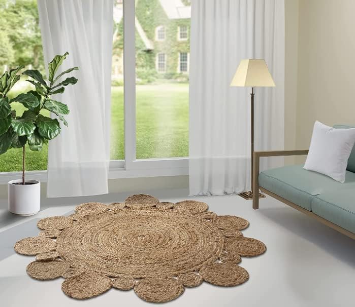 GRUHUM Handwoven 8ft Jute Area Rug Natural Fiber Round Boho Farmhouse Rustic Vintage Soft Braided Reversible Eco Friendly Rugs for Indoor Outdoor Kitchen Bedroom Living Room Hallways (8' ft Circle) - color: Natural- 08, size: 8' (Round)