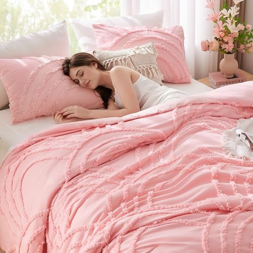 ENJOHOS Pink Full Comforter Set for College Girls - Full Size Boho Tufted Rainbow Comforter, 3 Pieces Rainbow Bedding for All Season, Lightweight Soft Microfiber Comforter with 2 Pillowcase - color: Pink Comforter, size: Full