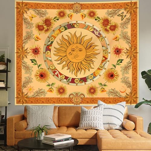 Apdidl Boho Sun and Moon Yellow Tapestry for Bedroom, Vintage Indie Hippie Orange Wall Tapestries, Nature Sunflower Blanket Cute Wall Hanging, Butterfly Moth Aesthetic Art Decor for Living Room 51" X 60" - color: Yellow Sun Tapestry, size: 60"L x 51"W