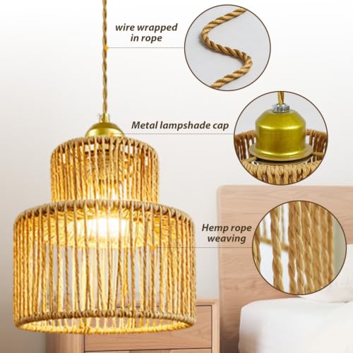 7.9″ Rattan Pendant Light Fixture Boho Woven Chandelier Ceiling Pendant Light Round Adjustable Hanging Lamp for Dining Room Kitchen Island Hallway Bedroom - color: 7.9″