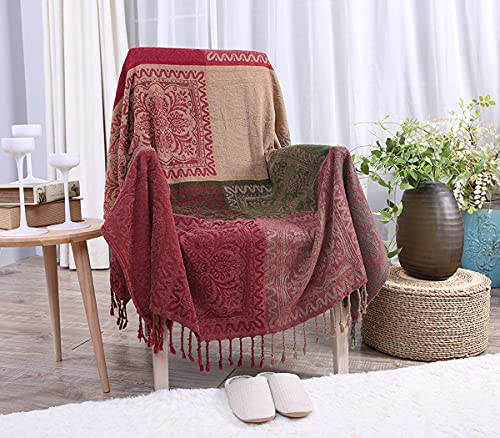 AIVIA Boho Sofa Couch Throw Blanket Futon Slipcover, Recliner Chair Throws Sofa Cover Colorful Chenille Woven Bohemian Decor - 60" x 75" Green Wine Red - color: Red Green Beige, size: 60" x 75"