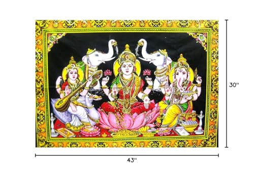 Lakshmi Ganesha Saraswati Batik Cotton Wall Hanging Sequins Painting : Size 43"x30" Inches - color: Lakshmi Ganesha Saraswati - Diwali Pujan