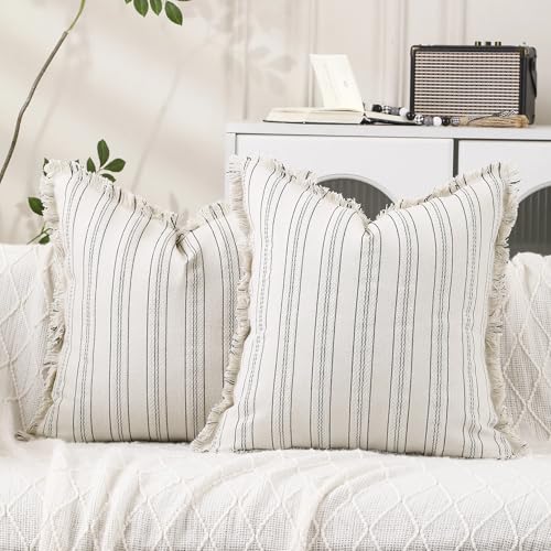 Set of 2 Striped Throw Pillow Covers 18x18 Inch, Boho Linen Blend Pillow Cases with Tassel Fringe, Black White Stripe Decorative Covers with Hidden Back Zipper for Couch Farmhouse Home Decor