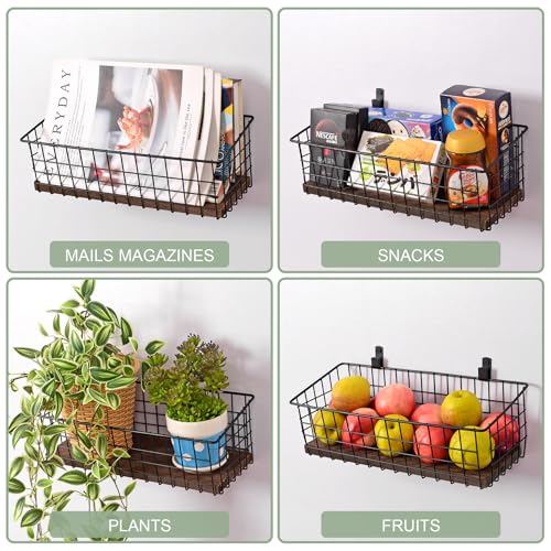 Wall Hanging Baskets 3 Pack, Diversified Wire Basket Shelves of Wooden Style, with Wall Mounted Hooks & Traceless Stickers, for Kitchen Coffee Bar Office Room Garage Storage Organization (Extra Large) - size: Extra Large