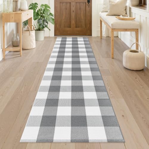 Checkered Rugs Grey and White Buffalo Plaid Hallway Runner Rug 2x8 Washable Rug Cotton Woven Rug Carpet Runner for Entryway Farmhouse Kitchen Bathroom Indoor-Outdoor Front Door Mat - color: Grey and White, size: 2‘×8’