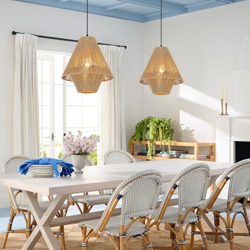 15” Boho Hand Woven Rattan Pendant Light Classic Coastal Chandelier for Kitchen Island Dining Room Hallway, UL Listed - color: Rattan
