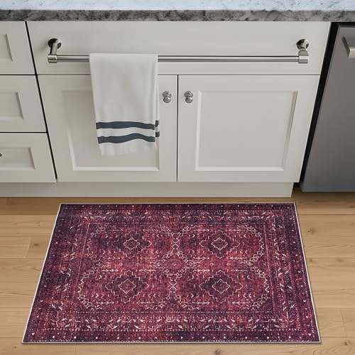 Bloom Rugs Washable Non-Slip 2' x 3' Rug - Dark Red Traditional Bordered Area Rug for Living Room, Bedroom, Dining Room, and Kitchen - Exact Size: 2' x 3' - color: Dark Red, size: 2' x 3' (Rectangular)