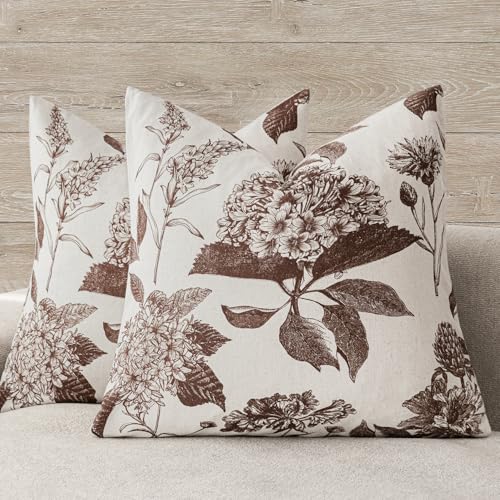 Foindtower Set of 2 Linen Floral Throw Pillow Covers Neutral Vintage Print Decorative Cushion Covers Farmhouse Boho Home Decor for Sofa Chair Couch Bedroom Living Room,20×20 Inch,Dark Brown - color: Dark Brown, size: 20" x 20" (Pack of 2)