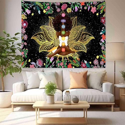 Ine Ive African Chakra Tapestry African American Woman Zen Meditation Poster Starry Sky Flower Garden Inspirational Afro Yoga Wall Art Tapestry for Bedroom Dorm Decor (60x51 inch) - size: 60"L x 51"W