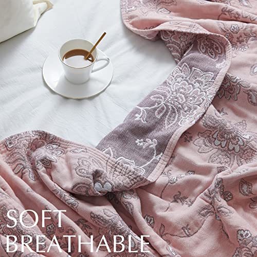 jinchan Boho 100% Cotton Muslin Twin Size 60x80 Inches Blanket Lightweight 4-Layer Quilted Soft Pink Red Floral Throw Blanket Reversible Comfy Flower Breathable All Seasons Couch Bedroom Decor - color: Floral Pink Red, size: 60"x80"