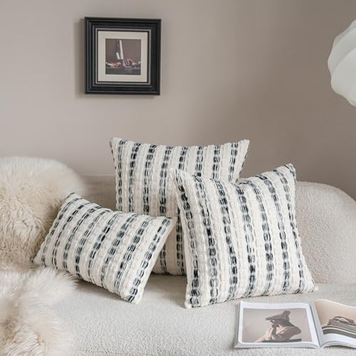 Caflife Boho Lumbar Throw Pillow Covers 12x20 Inch Set of 2, Farmhouse Black Striped Textured Chenille Decorative Couch Pillow Cases, Rustic Accent Cushion Covers for Sofa Bed Living Room Bedroom - color: Black, size: 20" x 12" (Pack of 2)