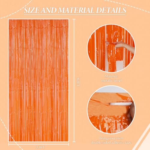 DECOCKRAT 3 Pack Foil Fringe Backdrop - Orange Shiny Tinsel Curtains for Party Decoration/Photo Booth Props - 3.3x8.2 FT Metallic Foil Backdrop for Birthday, Wedding, Graduation, Christmas. - color: Orange