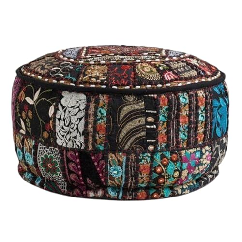 Indian Pouf Footstool Ethnic Embroidered Pouf Cover, India Cotton Round Pouffe Ottoman Pouf Cover Pillow Ethnic Decor Art-Cover Only-Indian Ottoman poufs - color: Black, size: 22"D x 22"W x 14"H