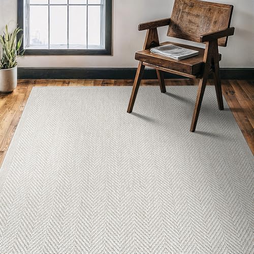 CAMILSON Easy Jute Rug 4x6, Indoor Outdoor Off-White Color Fiber Area Rugs for Living Room Patio and Kitchen Rug Herringbone Seagrass Woven Design Easy-Cleaning Washable Outside Carpet Alfombras 4 x 6 - color: Herringbone/Bone, size: 4' x 6' (Rectangular)