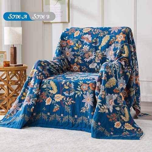Boho Blanket Soft Muslin BohoThrow Blanket, 100% Cotton Floral Printed Farmhouse Decor All Season Reversible Rustic Throw for Sofa Couch Chair (Blue, 50"x60") - color: Blue, size: 50"x60"