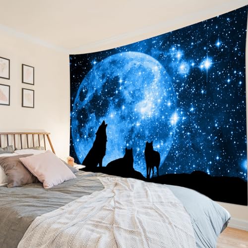 HVEST Wolf Tapestry Wall Hanging Full Moon in Blue Space Tapestries Wild Animal Wolves Wall Decor Blanket for Kids Bedroom Living Room Dorm Party, 60Wx40H Inches - color: Blue, size: 40"L x 60"W
