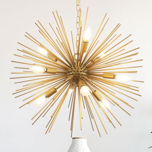 23.8" Modern Sputnik Chandelier 9-Lights Mid-Century Modern Starburst Golden Chandelier Luxury Gold Solid Metal Sputnik Satellite Chandeliers for Dining Room, Kitchen Island, Bedroom, E12 - color: Gold 23.8"