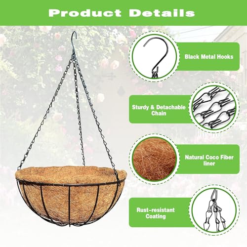 2 Pack 12 Inch Black Metal Hanging Basket Hanging Planter with Coco Coir Liner Heavy Duty Hanging Flower Pot Holder for Indoor Outdoor Patio Garden Porch Balcony Decor (Watermelon) - color: Watermelon