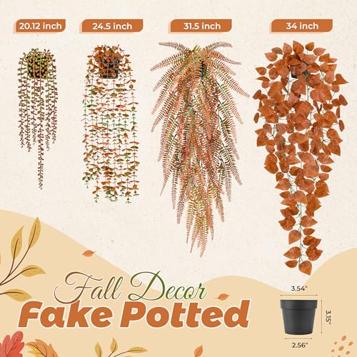 Der Rose 4Pcs Fake Fall Plants Hanging Orange Artificial Eucalyptus Plants, Boston Fern, Fake Potho, String of Pearls for Halloween Bathroom Table Centerpiece Wall Mantle Decor Indoor and Outdoor - color: Black Pots-4pcs Orange