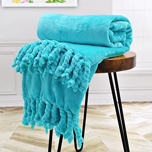 Throw Blankets Couch Cover Flannel Fleece Throw with Braided Rope Fringe Tassels, Plush Cozy Warm Soft Smooth Throw for Couch Sofa Bed Chair Home Décor, 50" x 60", Blue - color: Blue, size: 50" x 60"